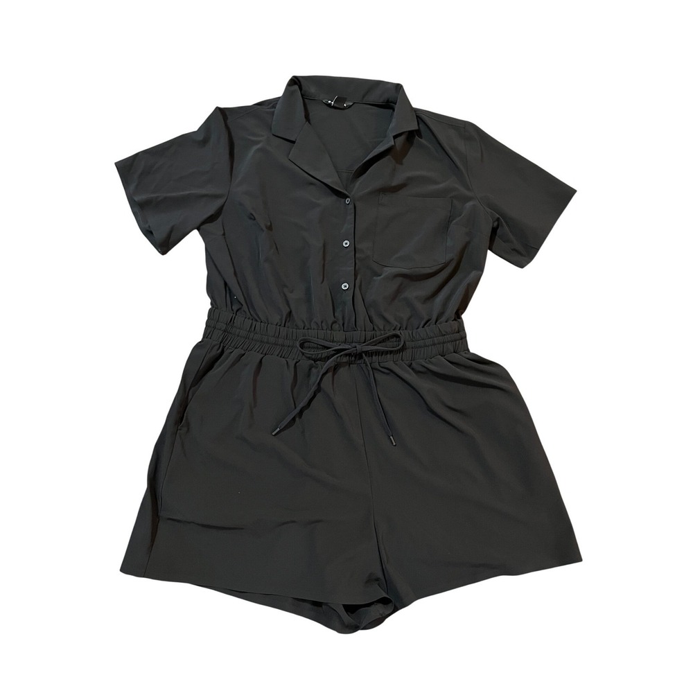Black Short Sleeve Button Front Drawstring Waist Active Romper Small